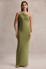 Mandy | Olive Asymmetric-Neck Maxi Dress With Gold-Detail