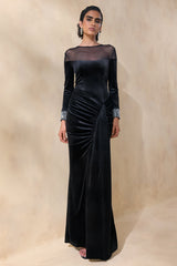 Perrin | Black Velvet Crew-Neck Maxi Dress With Embellished Cuffs