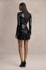 North | Black Sequin High-Neck Mini Dress With Pleats