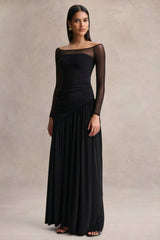 Bexley | Black Bardot-Neck Draped Maxi Dress With Long Mesh-Sleeves