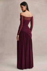Luminary | Dark Plum Bardot-Neck Maxi Dress With Mesh Sleeves