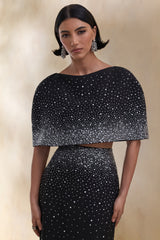 Luxy | Black Embellished Boat-Neck Crop-Top With Cape-Sleeves