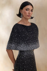 Luxy | Black Embellished Boat-Neck Crop-Top With Cape-Sleeves