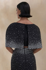 Luxy | Black Embellished Boat-Neck Crop-Top With Cape-Sleeves