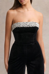Emelie | Black Velvet Hand-Embellished Bandeau Jumpsuit
