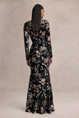 Lyric | Black Floral Velvet And Sequin Embellished Crew-Neck Maxi Dress