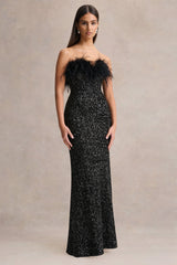 Daze | Black Sequin Bandeau Maxi Dress With Feather-Trim