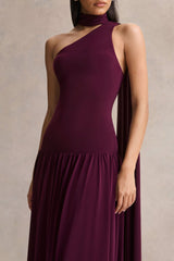 Freesia | Plum Asymmetric-Neck Maxi Dress With Scarf-Detail