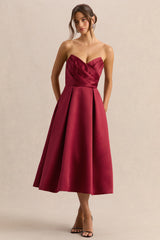 Promises | Red Satin Bandeau-Neck Midi Dress