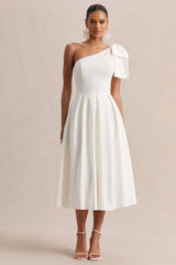 Meria | White Asymmetric-Neck Midi Dress With Bow-Sleeve