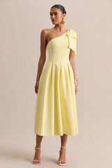 Meria | Lemon Asymmetric-Neck Midi Dress With Bow-Sleeve