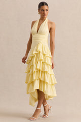 Velora | Lemon Asymmetric Midi Dress With Tiered-Ruffled Skirt
