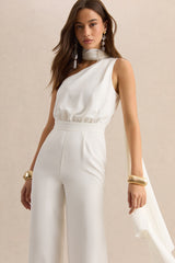 Gliselle | White Asymmetric-Neck Jumpsuit With Scarf-Detail
