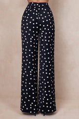 Seloria | Black & White Satin Polka Dot Wide-Leg Trouser