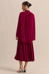 Honora | Burgundy High-Neck Midi Dress With Cape-Sleeves