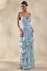 Avelisse | Blue Lace Plunge-Neck Maxi Dress With Ruffled Detailing