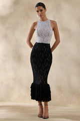 Vionna | Black And White Lace High-Neck Midi Dress With Bow-Belt Detail