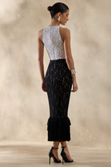 Vionna | Black And White Lace High-Neck Midi Dress With Bow-Belt Detail