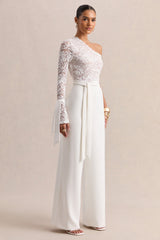 Clarence | White Lace Asymmetric-Neck Jumpsuit With Bow-Details