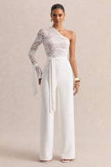 Clarence | White Lace Asymmetric-Neck Jumpsuit With Bow-Details