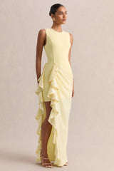 Ada | Lemon Crew-Neck Maxi Dress With Sheer Skirt And Ruffled Detailing