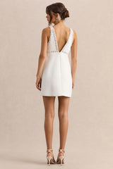 Amely | White Embellished Plunge-Neck Mini Dress With Bow-Detail