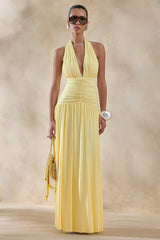 Bettina | Lemon Plunge-Neck Maxi Dress With Gathered-Detailing