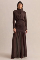 Zella | Brown High-Neck Maxi Dress With Sheer-Skirt
