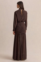 Zella | Brown High-Neck Maxi Dress With Sheer-Skirt