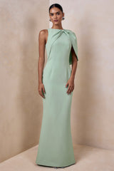 Quira | Mint Asymmetric-Neck Maxi Dress With Cape-Sleeve