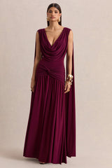 Amelisse | Burgundy Plunge-Neck Maxi Dress With Ruched-Detailing