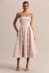 Amaris | Pink Embellished Floral Bandeau Skater Midi Dress