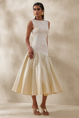 Fantasia | Cream Boat-Neck Midi Dress With Asymmetric Drop-Waist