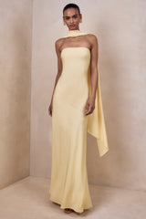 Charly | Lemon Matte Satin Bandeau Maxi Dress With Scarf-Detail