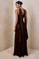 Starling | Brown Matte Satin Plunge-Neck Maxi Dress With Scarf-Detail