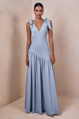 Cala | Powder Blue Matte Satin Plunge-Neck Maxi Dress With Bow-Sleeves