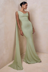 Kenza | Mint Asymmetric-Neck Maxi Dress With Scarf-Detail