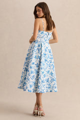 Devina | Blue Porcelain Print Square-Neck Belted Midi-Dress