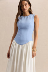 Iliana | Powder Blue And White Crew-Neck Maxi Dress With Drop-Waist And Pleated Skirt