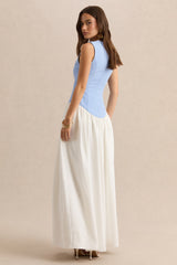 Iliana | Powder Blue And White Crew-Neck Maxi Dress With Drop-Waist And Pleated Skirt