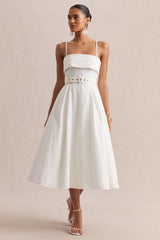 Zoeva | Cream Broderie Square-Neck Belted Midi Dress