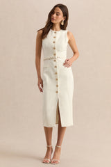 Clea | Cream Crew-Neck Belted Midi Dress With Front-Pockets