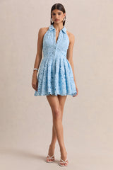 Milly | Powder Blue Lace Halter-Neck Mini Dress