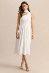 Odette | White Asymmetric-Neck Midi Dress With Scarf