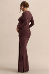 Aveny | Brown Crew-Neck Maternity Maxi Dress With Ruched-Detailing And Sash