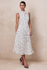 Avalon | White Polka Dot Scarf-Neck Midi Dress With Pleated Skirt