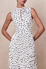 Avalon | White Polka Dot Scarf-Neck Midi Dress With Pleated Skirt