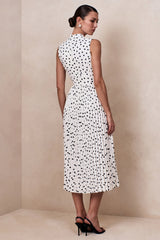 Avalon | White Polka Dot Scarf-Neck Midi Dress With Pleated Skirt