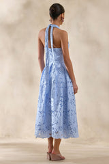 Maribel | Powder Blue Lace Plunge-Neck Midi Dress