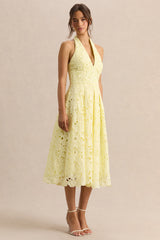 Maribel | Lemon Lace Plunge-Neck Midi Dress